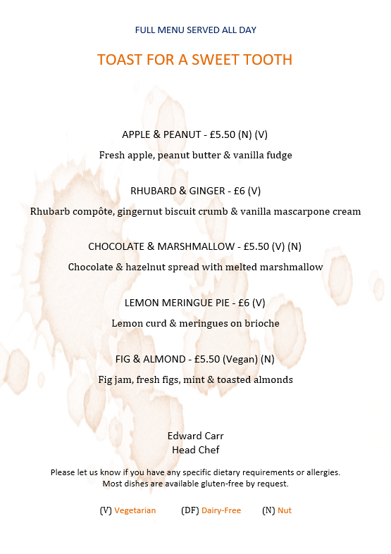 Food Menu UK Toast Altrincham